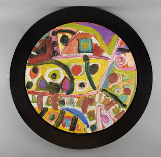 Gillian Ayres b.1930, 'Lundi', tondo 60.5cm diameter,: Gillian Ayres b.1930, 'Lundi', tondo 60.5cm diameter, signed with initials, oil on canvas, British Arts Council label verso, with a copy of the British Arts Council catalogue featuring the painting, a