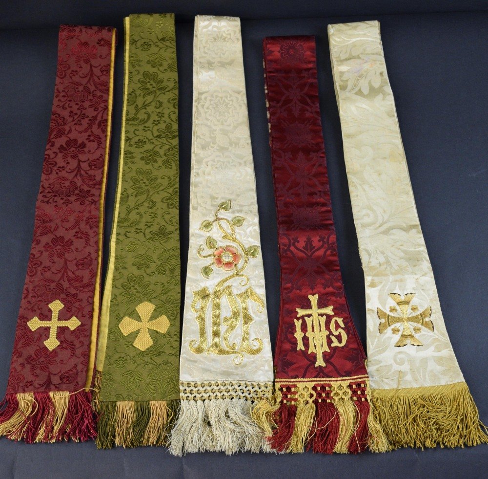 Five ecclesiastical stoles of silk damask of silk: Five ecclesiastical stoles of silk damask of silk damask/brocade each with embroidered motif .Provenance: An important collection of International Historical textiles.