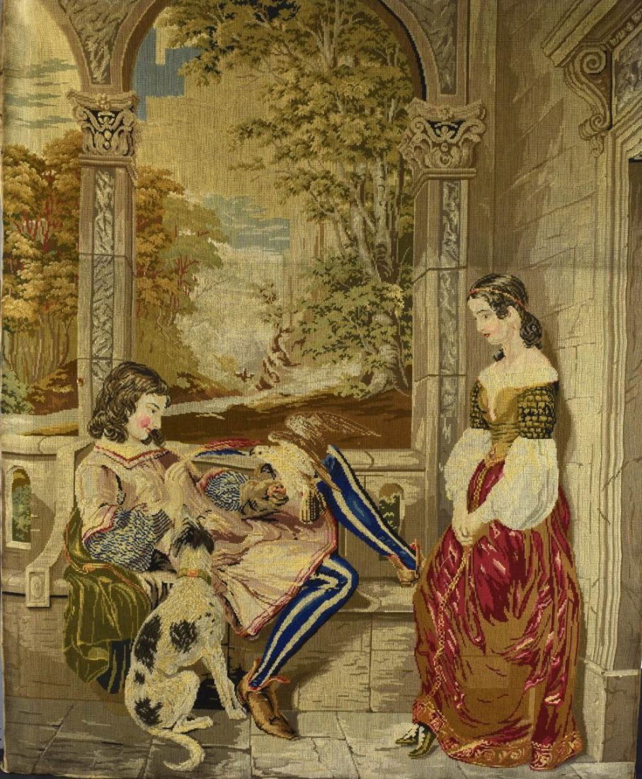 Large  Victorian woolwork picture, entitled 'Jealousy' (1 of 3)