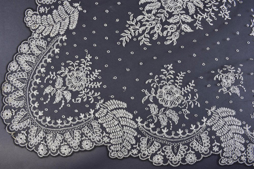 French lace, a black net shawl with cream floral design (1 of 2)