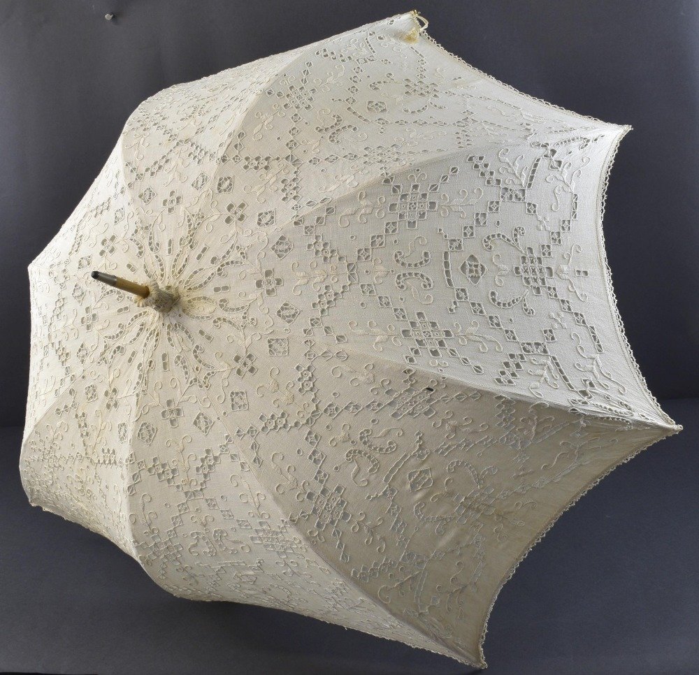 Two parasols, one with black Maltese lace on grey silk, (1 of 2)