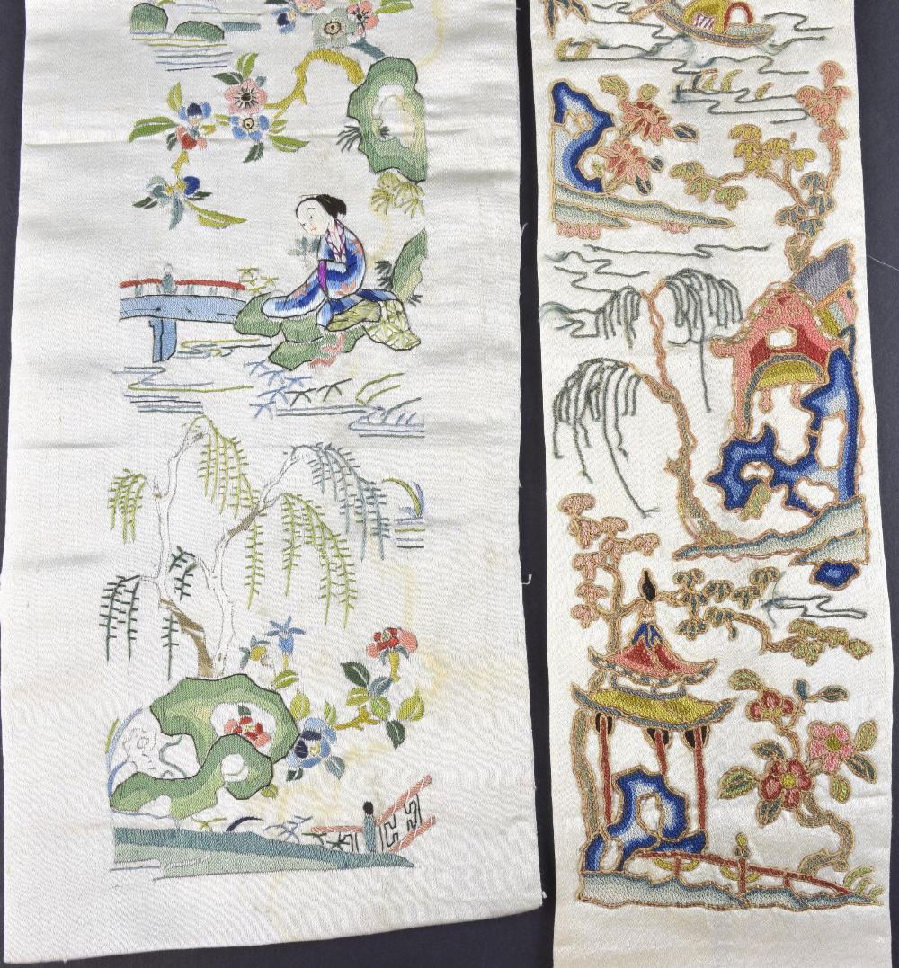 A Qing dynasty sleeve panel with scene of buildings and (1 of 2)