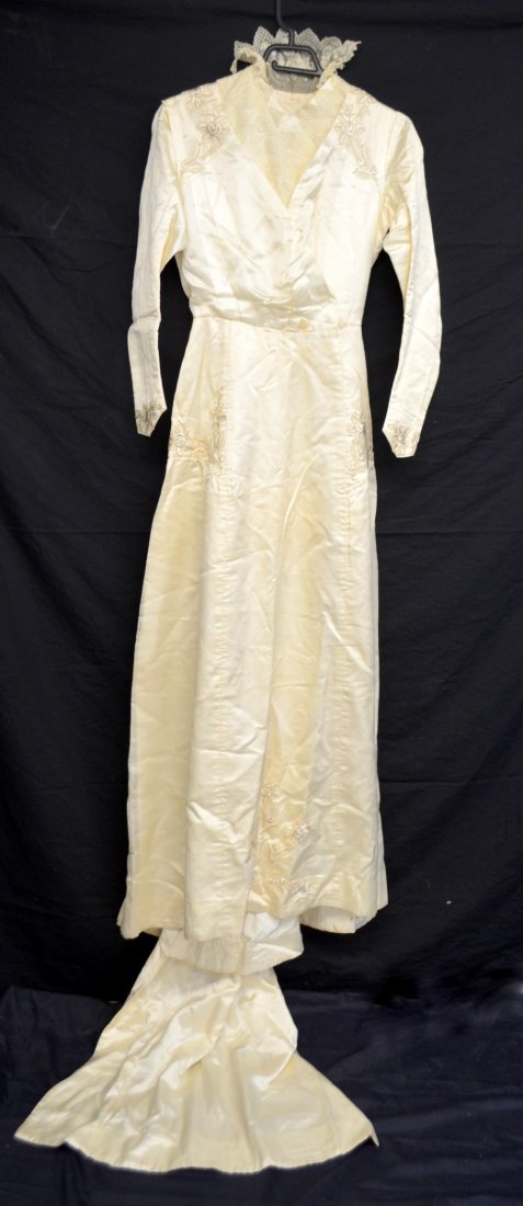 Edwardian cream silk wedding dress with cross over: Edwardian cream silk wedding dress with cross over front and long train