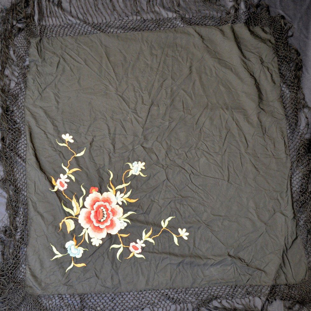 1920's Spanish shawl, black silk with large coloured (1 of 2)