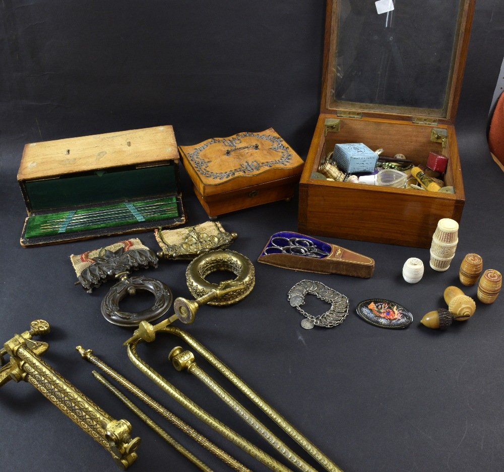 Large collection of sewing, items including needle: Large collection of sewing, items including needle cases, thimbles and a bell pull clasp and a Victorian tapestry frame clasp , in one antique box and another with glazed top and a leather box