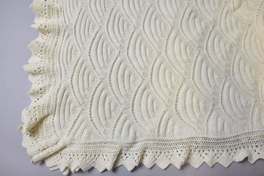 1930's knitted double bed cover, cream with scale: 1930's knitted double bed cover, cream with scale design 236 x 540 cm