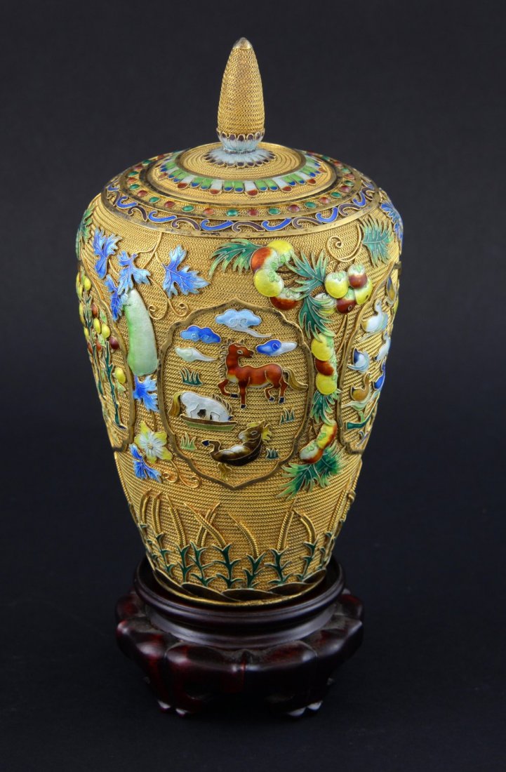 Modern Chinese silver gilt and overlaid enamel vase and (1 of 10)