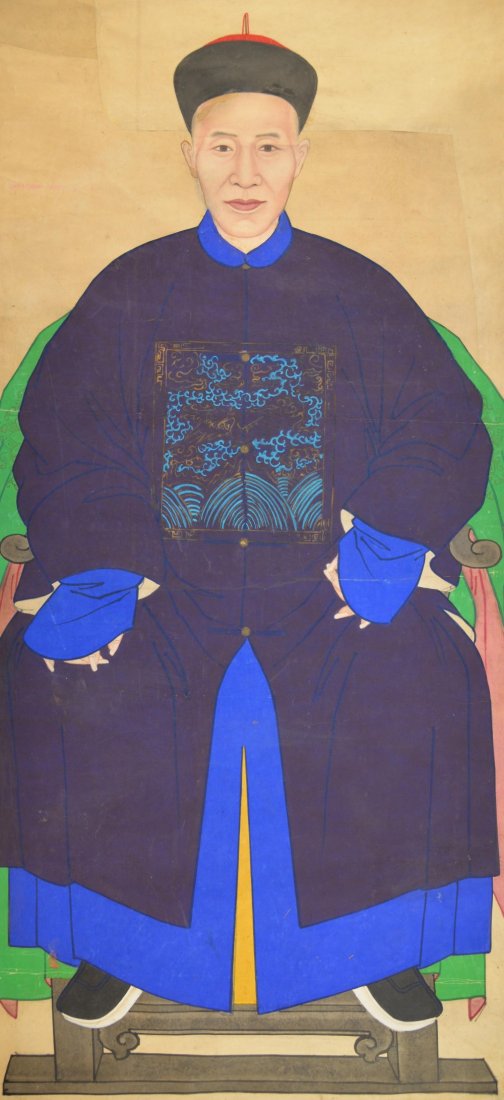 Chinese ancestral painted portrait scroll depicting a: Chinese ancestral painted portrait scroll depicting a man in a blue robe, 101cm x 46cm,