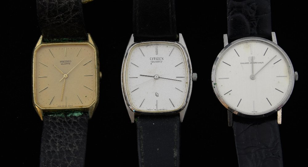 Girard Perregaux gentleman's stainless steel watch: Girard Perregaux gentleman's stainless steel watch numbered 9955, Seiko and Citizens Quartz watches.