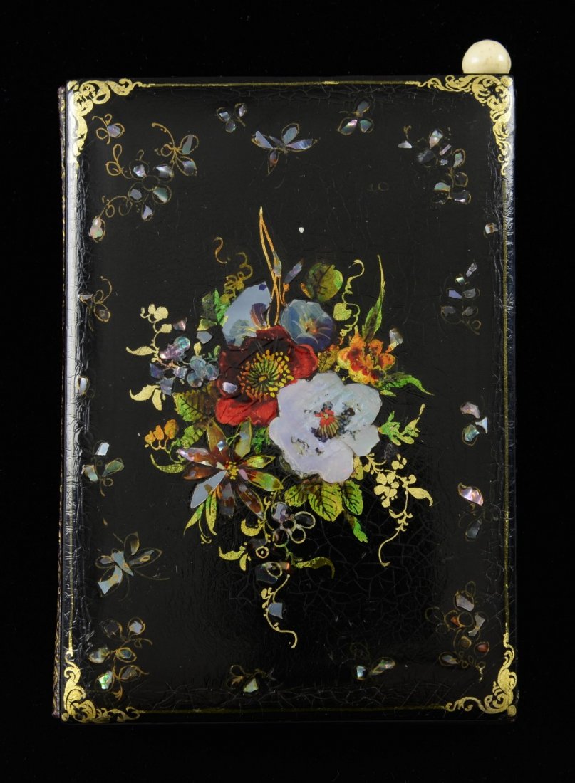 Papier Mâché note case with gilt, painted and mother of: Papier Mâché note case with gilt, painted and mother of pearl decoration, 9.5 x 6.5 cm