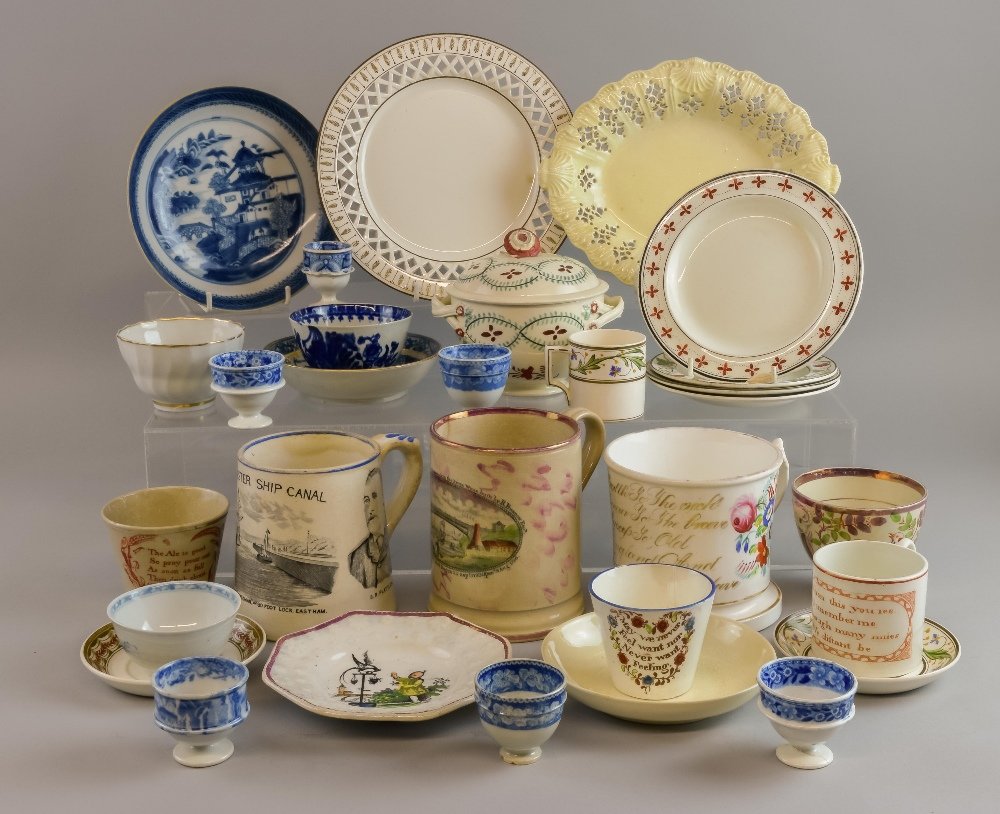 Christie's Diana cargo blue and white saucer dish with: Christie's Diana cargo blue and white saucer dish with paper label on base (part lot 580), a Leeds creamware pierced oval dish, a small 19th century Wedgwood dish and approx 28 other pieces