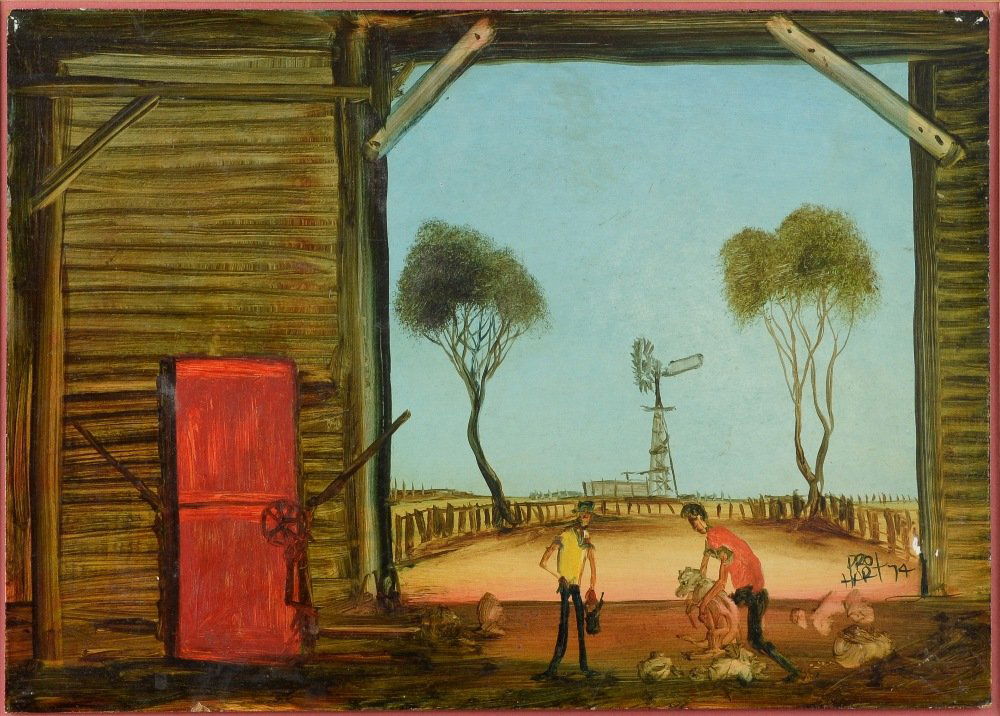 Pro Hart (1928-2006) Australian, in the shearing shed, (1 of 2)