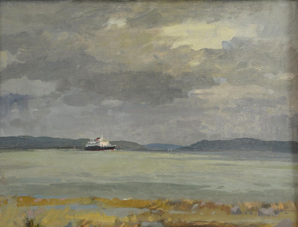 § Edward Wesson, 1910-1983, seascape with ferry,: § Edward Wesson, 1910-1983, seascape with ferry, unsigned, oil on board, 43.5cm x 60cm, label verso and handwritten label from his wife confirming that the painting is by the artist,