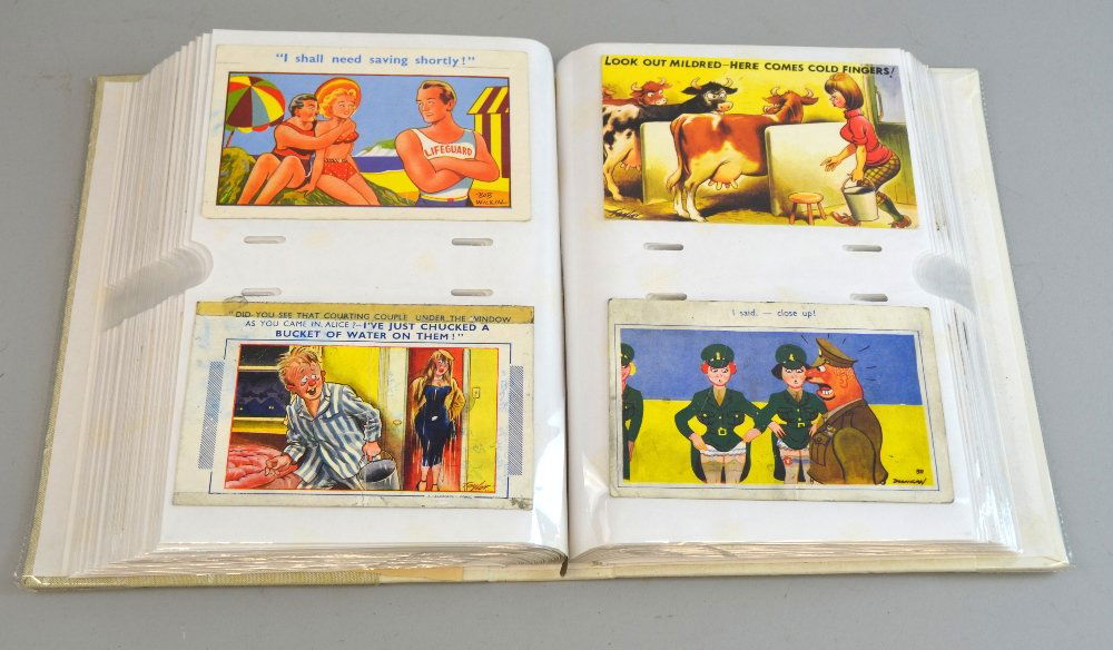 An album with a collection of approximately 195 saucy: An album with a collection of approximately 195 saucy postcards from the 1950s and early 60s, various artists including Tony, Trow, Dudley, Davo, Donald McGill, Fitzpatrick.