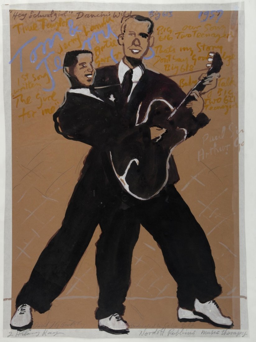 David Oxtoby (British, 1938), 'Tom & Jerry (Paul Simon: David Oxtoby (British, 1938), 'Tom & Jerry (Paul Simon & Art Garfunkel)', mixed media on paper, annotated 'Nordoff Robbins Music Therapy, dedicated to Colin Self', signed lower left, 'David J.G. Oxtob