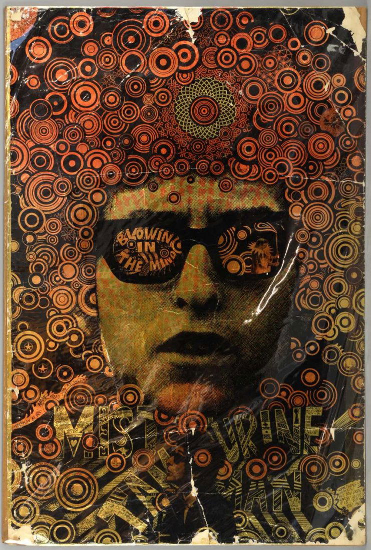 Martin Sharp poster featuring Bob Dylan 'Blowing In The: Martin Sharp poster featuring Bob Dylan 'Blowing In The Mind', designed by Martin Sharp & printed by Big O Posters on gold foil, flat, 30 x 20 inches