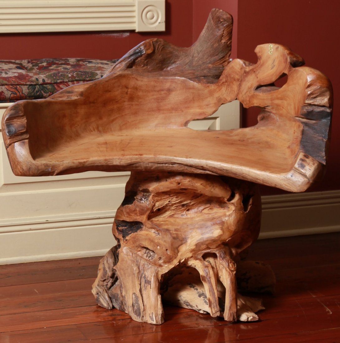Beautifully Hand Carved Wooden Chair/Loveseat: A strikingly beautiful artisan made large chair or loveseat made from hand-carved wood. This is truly a one of a kind piece (31"x31"x19")