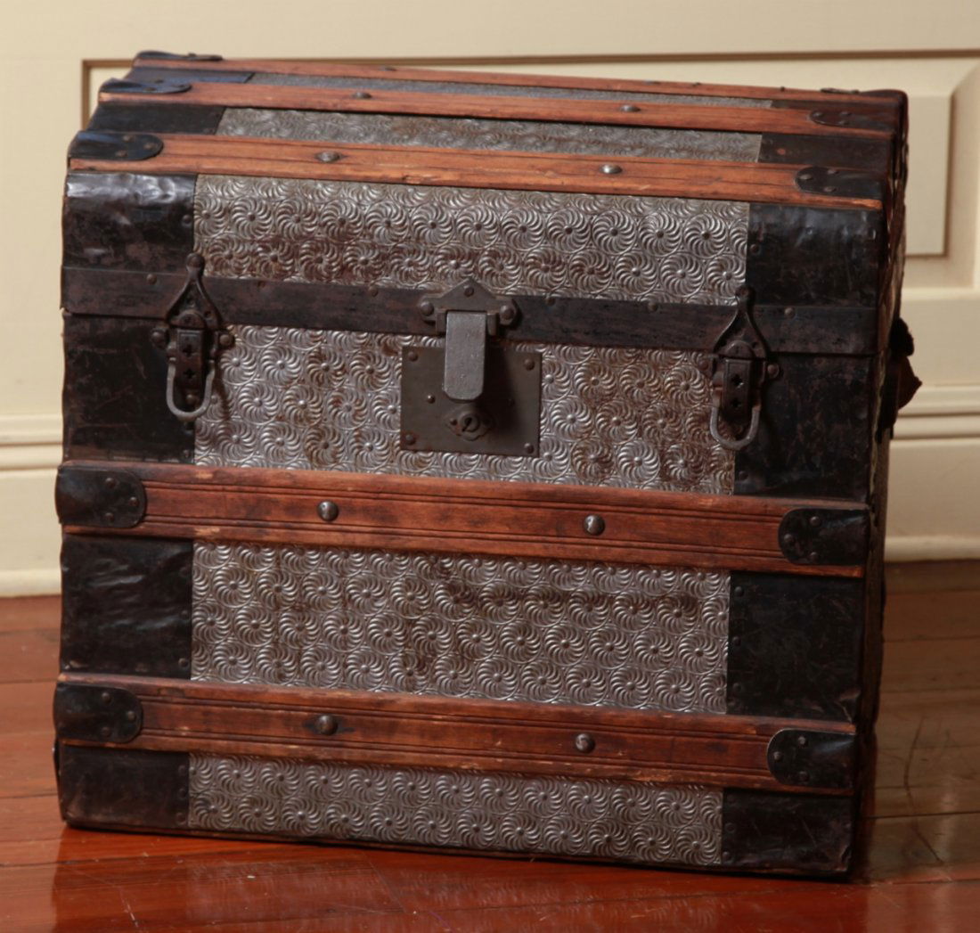 Antique Steamer Trunk Embossed Metal & Wood (1 of 2)