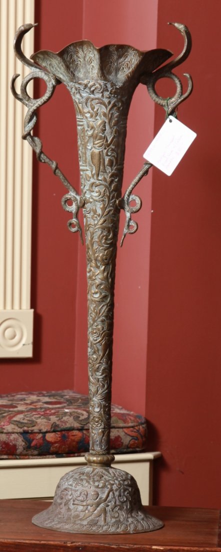 Victorian Antique Trumpet Floor Vase Cobra Handles: A beautiful ornately embossed/etched Victorian trumpet floor vase with cobra handles (34")