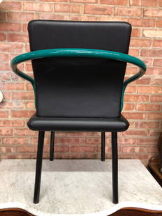 Memphis Style Ettore Sottssas Mandarin Chair by Knoll: 33" Tall, 26 across arms and seat measures 17.5 x 17.5, label on bottom, wear appropriate for age