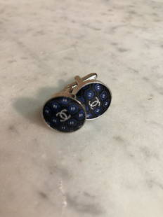 Chanel Cuff Links: 5/8" diameter, Chanel logo on fabric and metal cuff links, wear appropriate for age