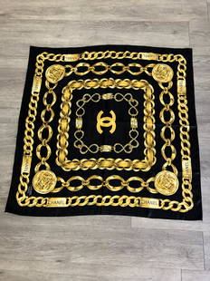 Chanel Scarf w/ original bag 31 Rue Cambon Paris: 34" x 34", Silk scarf black and gold Chain Link 31 Rue Cambon Paris