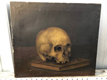 Early 19th C Skull on Book oil on canvas: 16" X 14" oil on canvas