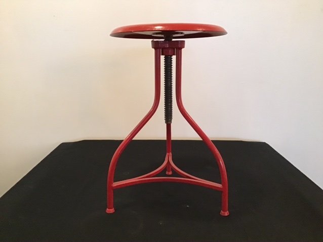 Vintage Industrial Red Stool: Adjusts 20-27 inches and 12.5 inch diameter seat