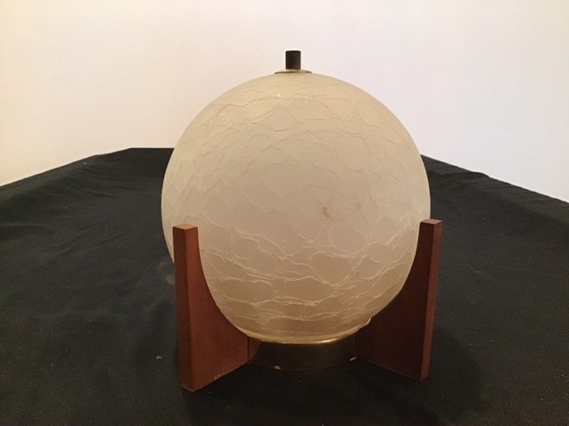 Mid Century Ceiling Fixture Danish Modern Moe Light: Moe Light division of Thomas industries crackle glass globe surrounded by a teal frame and brass fittings. Shows age appropriate wear with no cracks or breaks to the glass. This is a ceiling hugging l