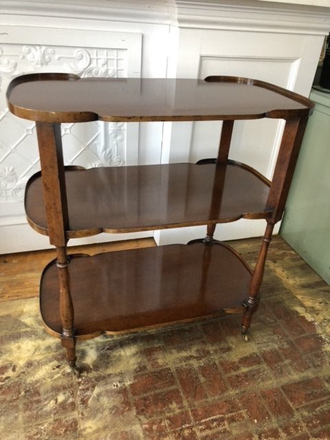 Antique English Bar Cart Mahogany: Great antique English bar/tea cart. Solid mahogany on brass casters. Made in England tag on bottom.In very good condition.32” tall, 30 1/8” long, 17 1/4” wide.