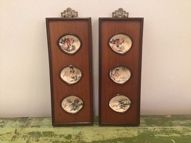 Pair Painted Asian Shell Wall Plaques (1 of 2)