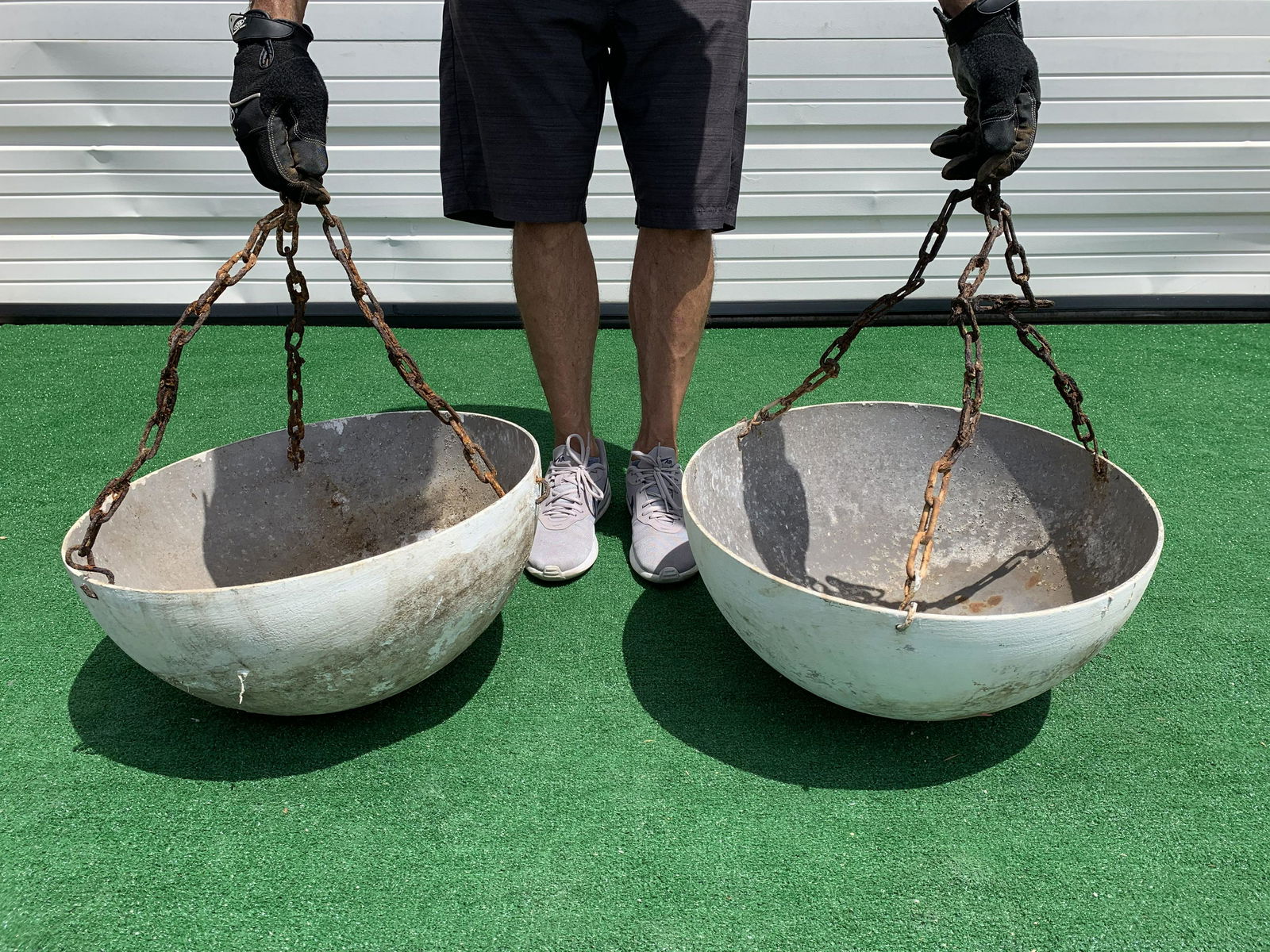 Pair Mid Century Cast Metal Hanging Planters (1 of 4)