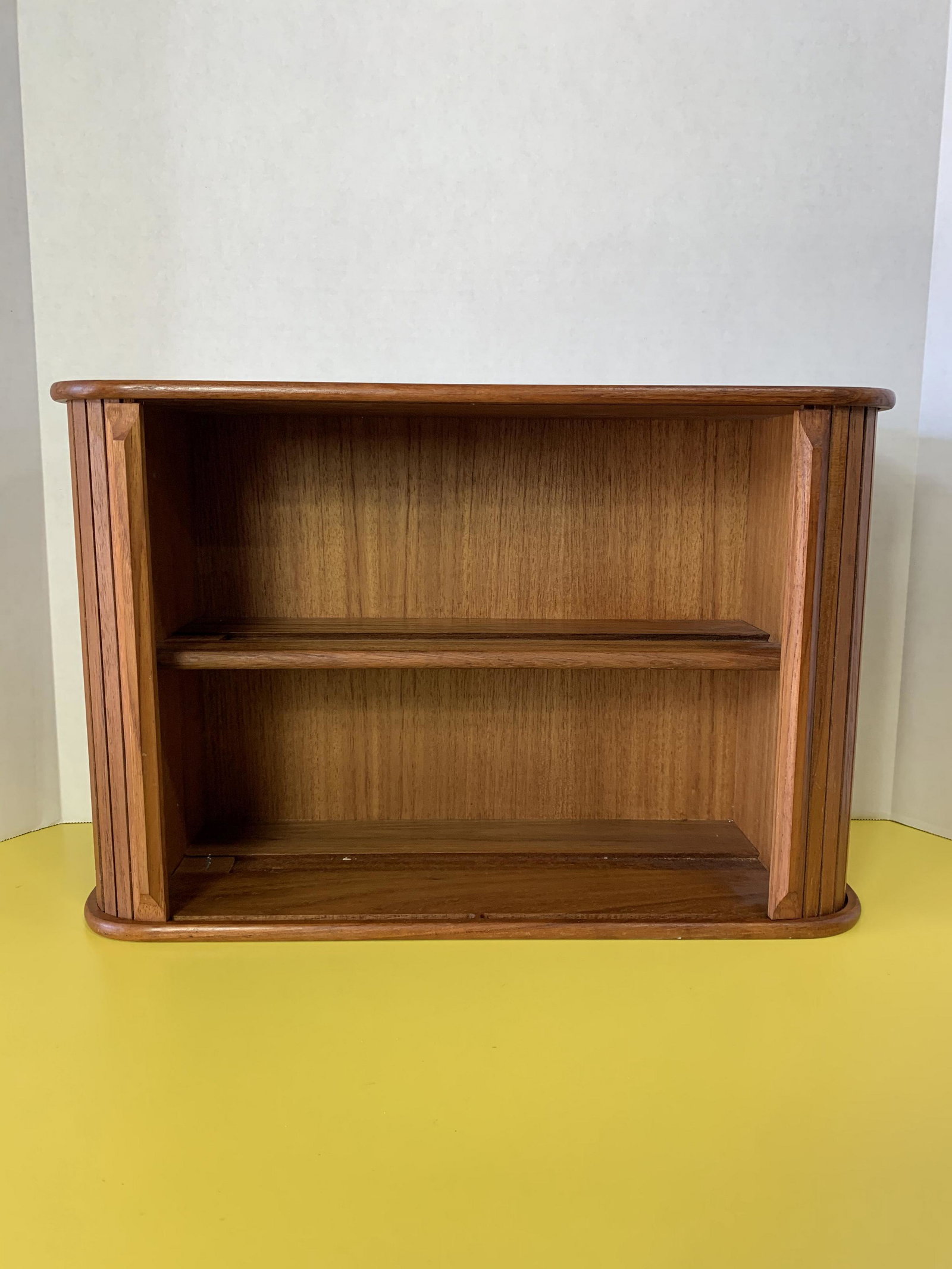 Mid-Century Teak Wall Cabinet Retractable Doors: 18in x 7.75 x 12in tall