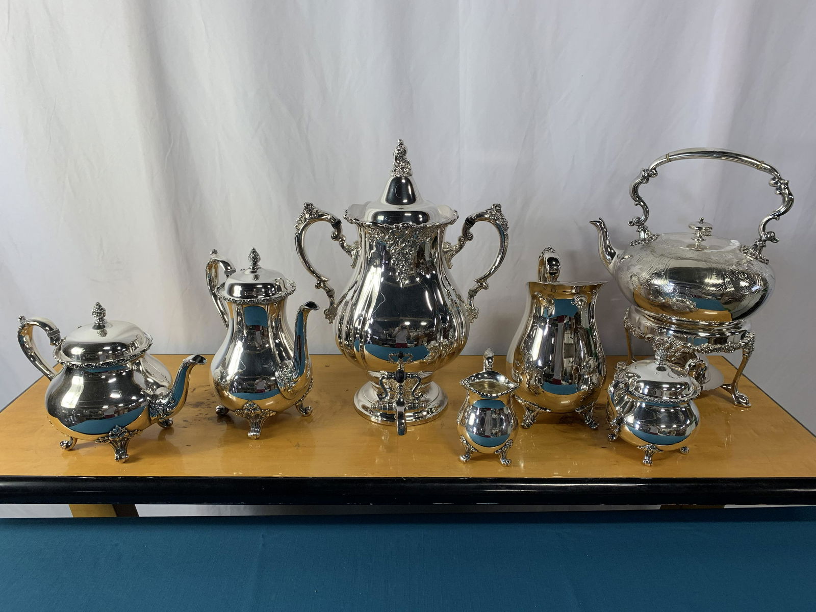 Collection Silver Plate Tea, Water, Coffee Set Baroque: Tallest 16in