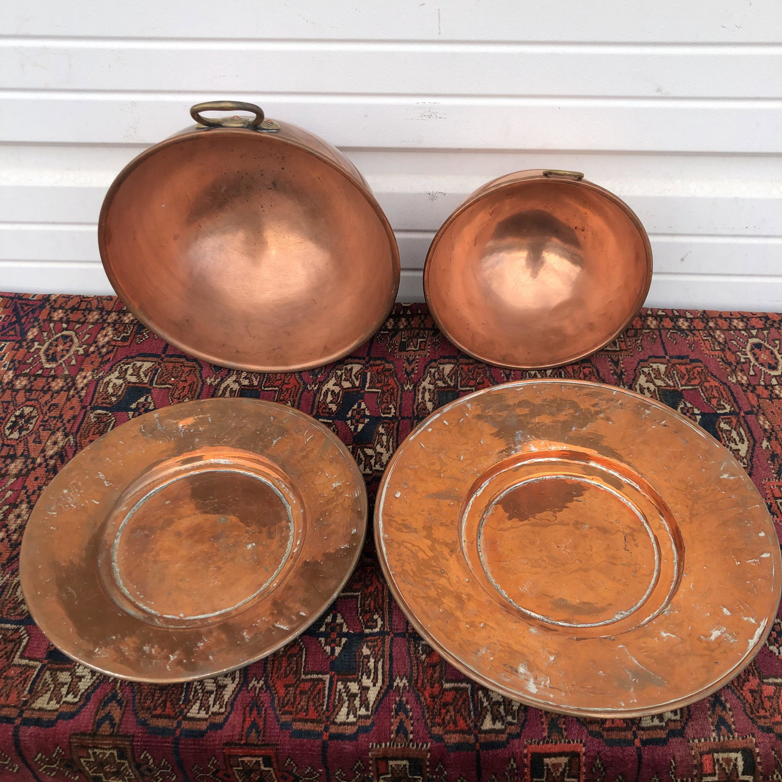 French and English 4 Piece Copper Plates & Bowls: Largest is 12 3/4 in diameter