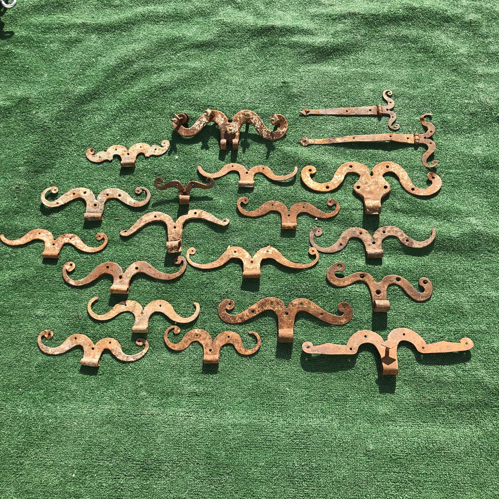 19th C Door Hardware Hand Wrought Hinges: 20 total, all varying size. Largest about 12in long
