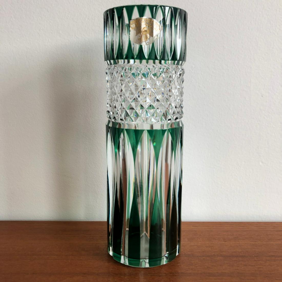 Signed Val St. Lambert Cut Crystal Green Vase #1 (1 of 6)