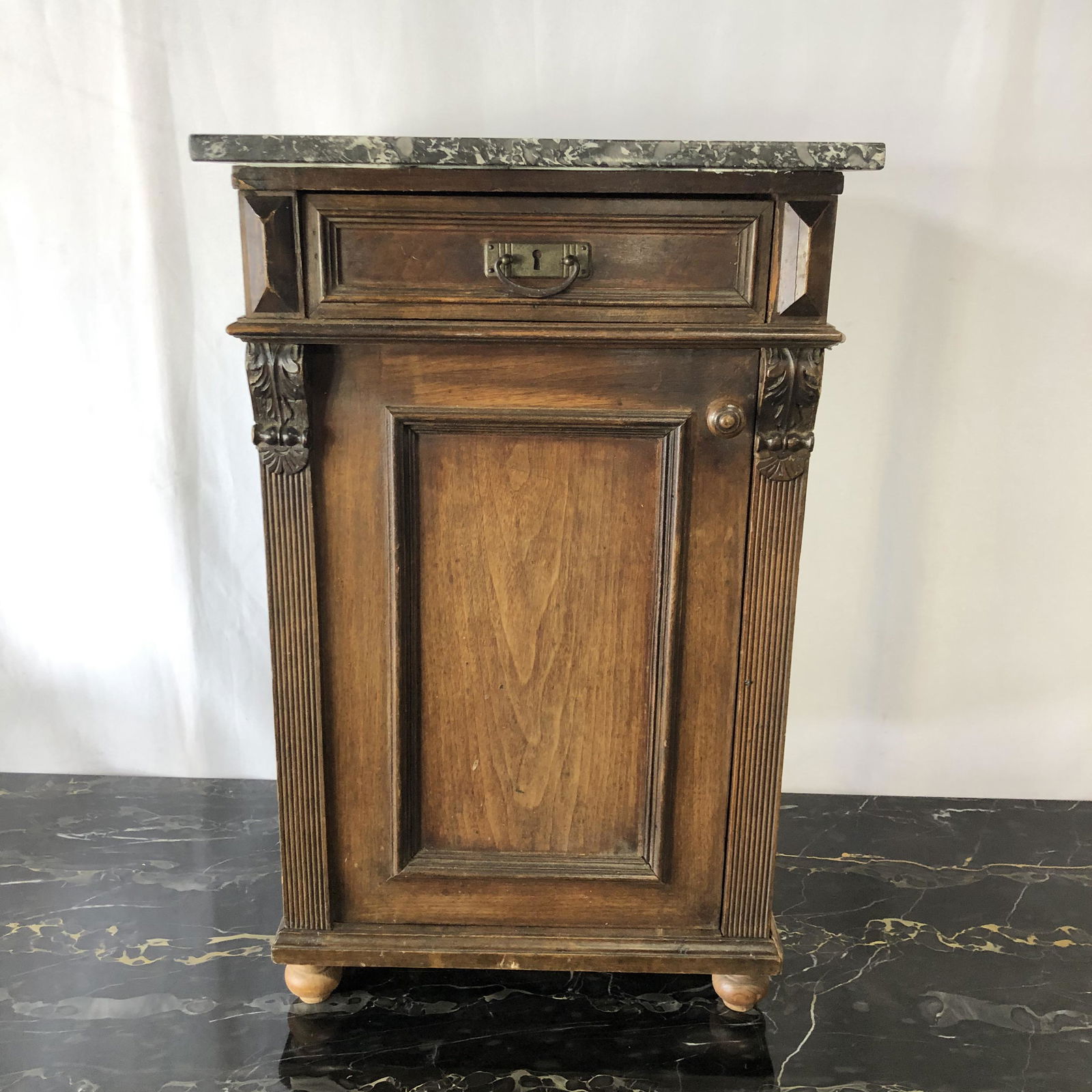 English Victorian Marble Top Walnut Nightstand As-Is (1 of 7)