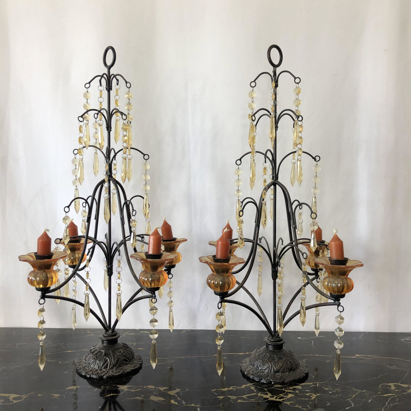 Pair Contemporary Metal Candelabras: 24in tall x 10 1/2 x 10 1/2 In-house shipping available as well as private carrier