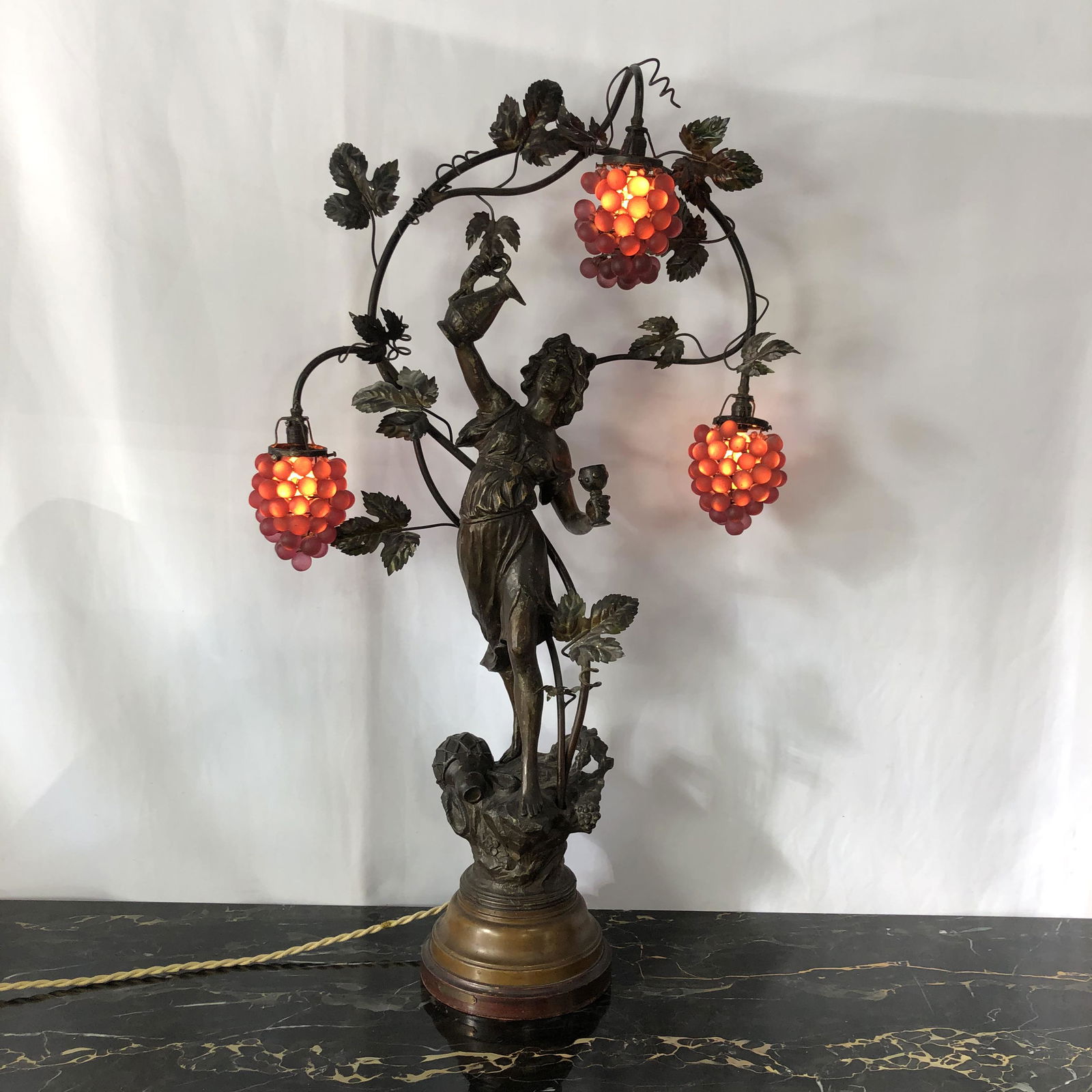 Tall Victorian Newel Post Lamp w/ Grape Figural Shades (1 of 12)