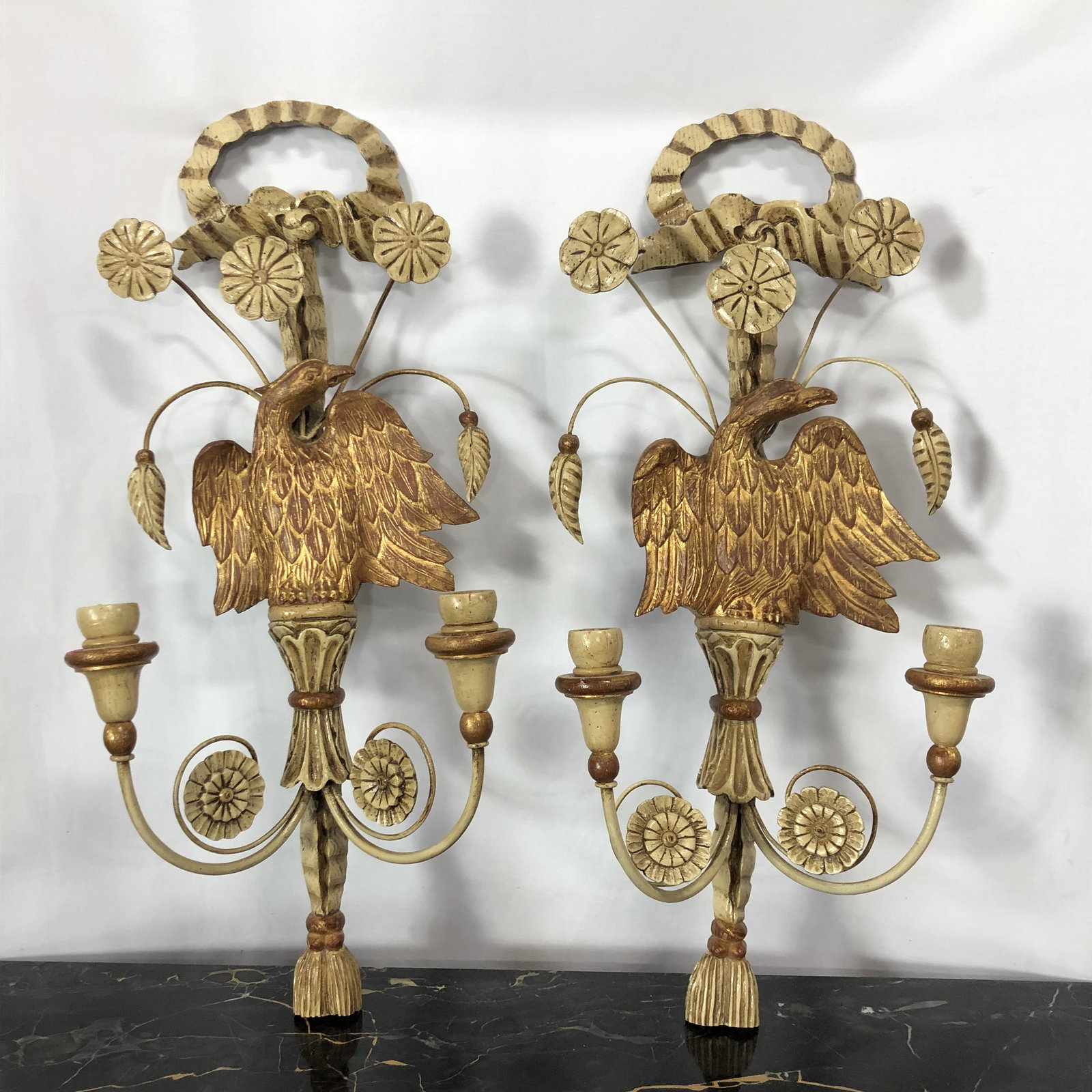 Eagle Candelabra Wall Sconces: 27 1/2in tall x 11 1/2 wide In-house shipping available or UPS Pack & Ship upon request