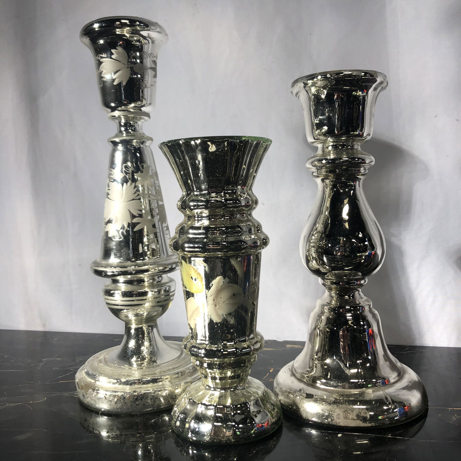 Set 3 19th C. French Mercury Glass Candlestick Holders (1 of 3)