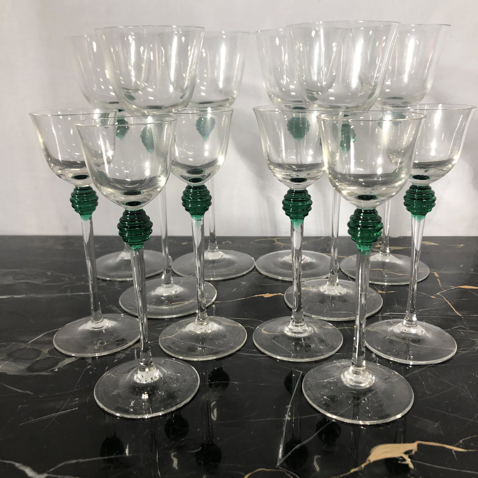 Set 12 1920's French Crystal Wine & Cordial Glasses: 7in tall & 5in tall In-house shipping or UPS Pack & Ship upon request