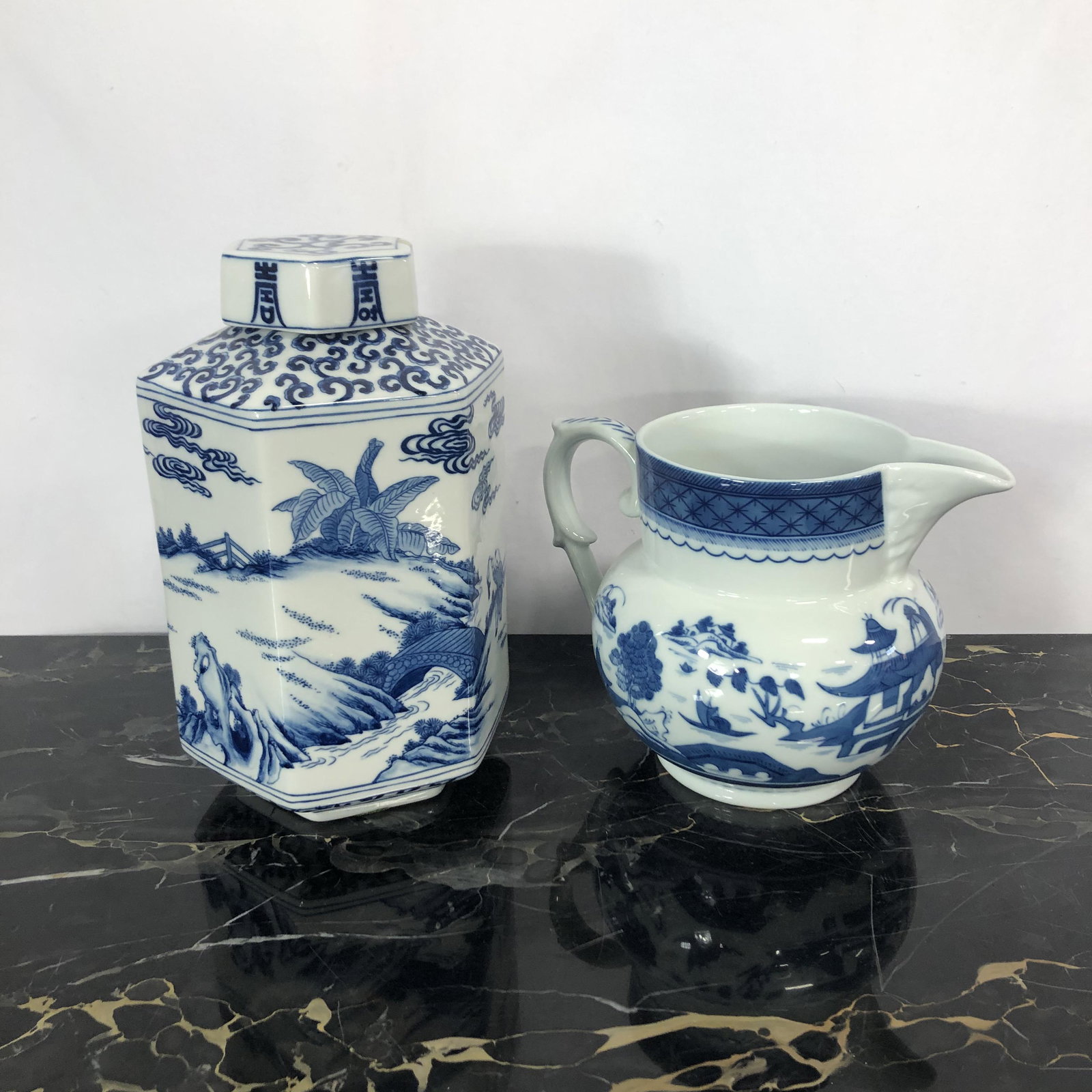 Mottahedeh Pitcher and & Blue & White Jar: Ginger Jar: 10in tall In-house shipping or UPS Pack & Ship upon request