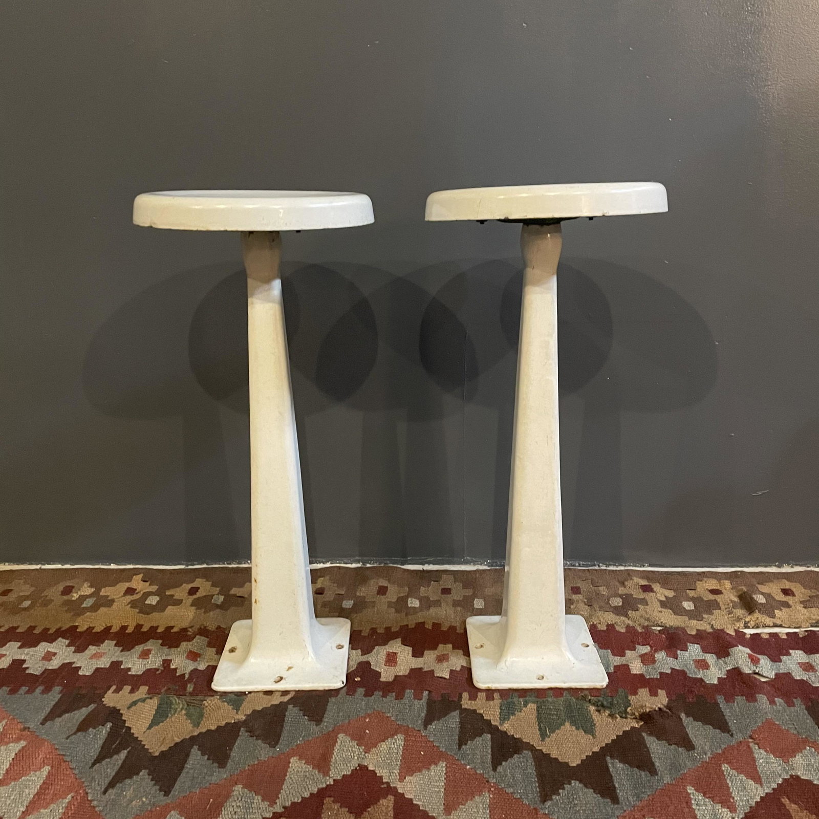 Early 1900s Porcelain Enamel Soda Fountain Stools: 25in tall x 11in seat base diameter