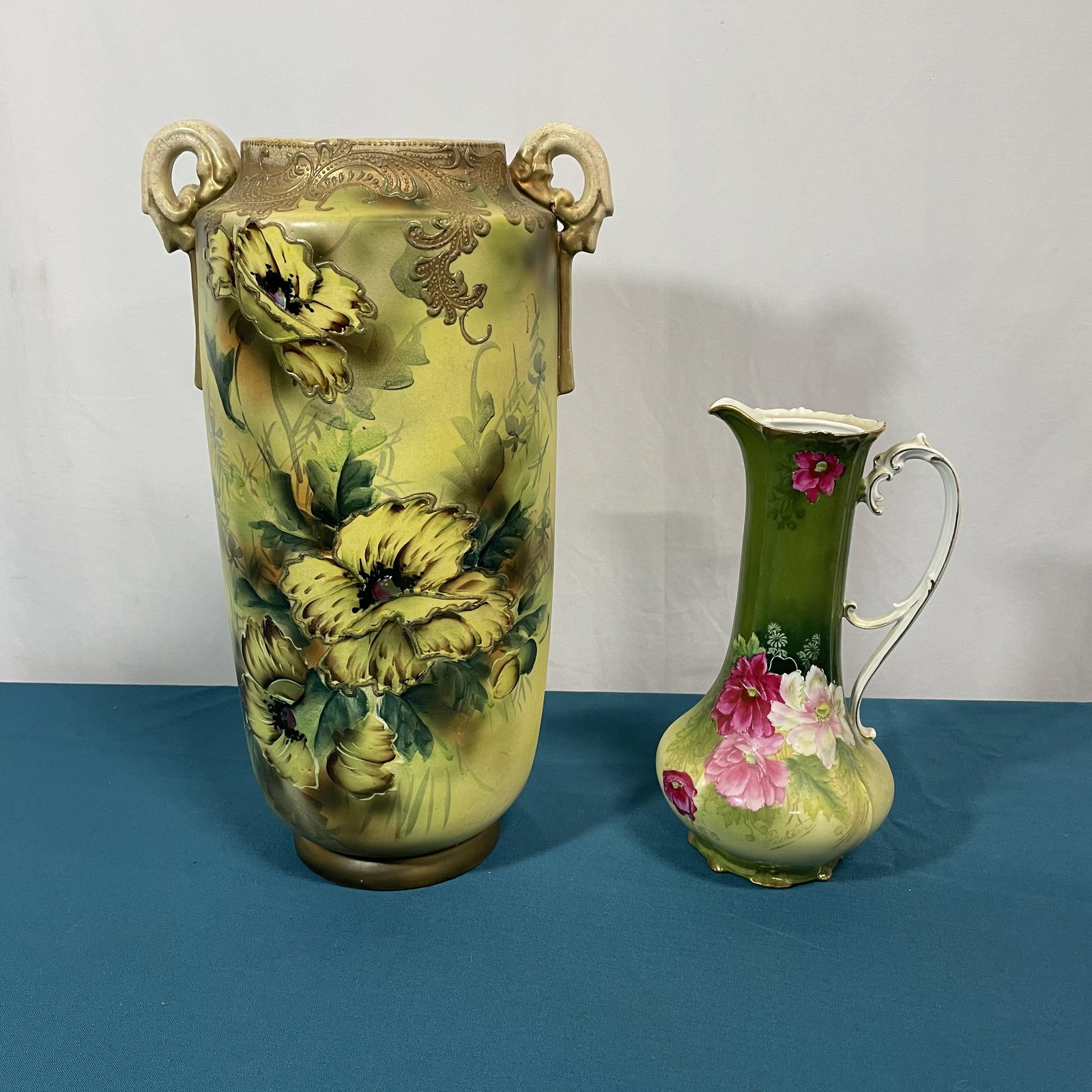 Hand Painted Nippon Vase & Bavarian Water Pitcher: 16in x 9.5in x 4 1/4in diameter hole at top & 10in x 5in