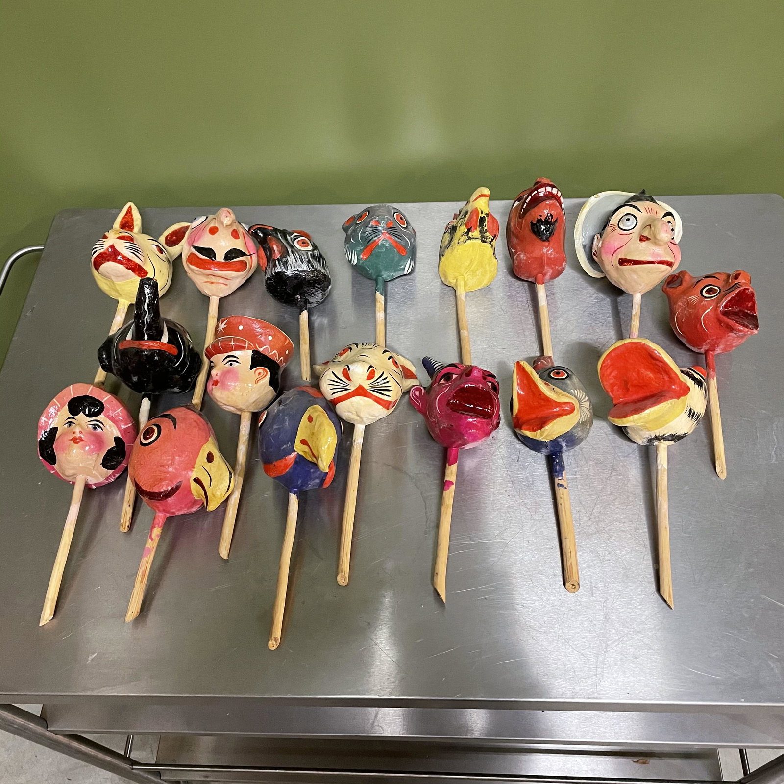 Collection Mexican Paper Mache Figural Character: Each Maraca ranges from 8in to 11in L