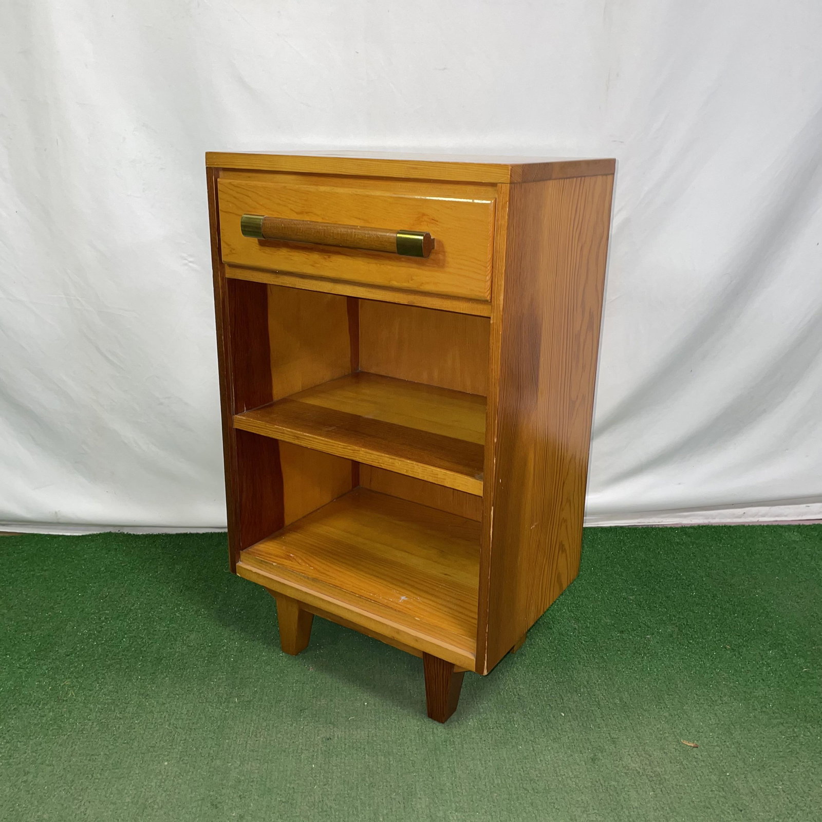 Mid Century Rustic Pine Nightstand: 16in W x 11in D x 27in H