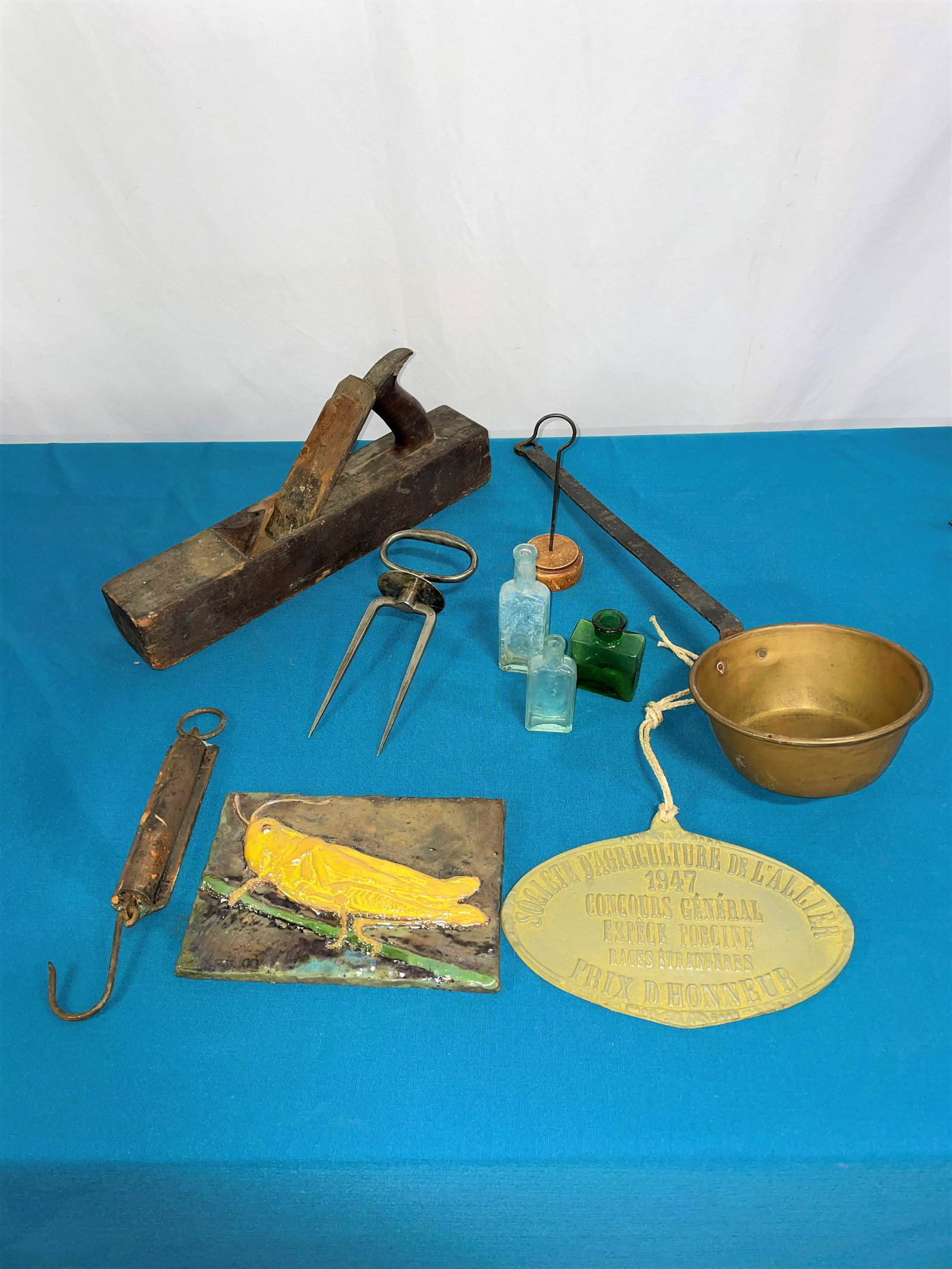 Collection French Sign, Copper Pot, Wood Plane etc.: -