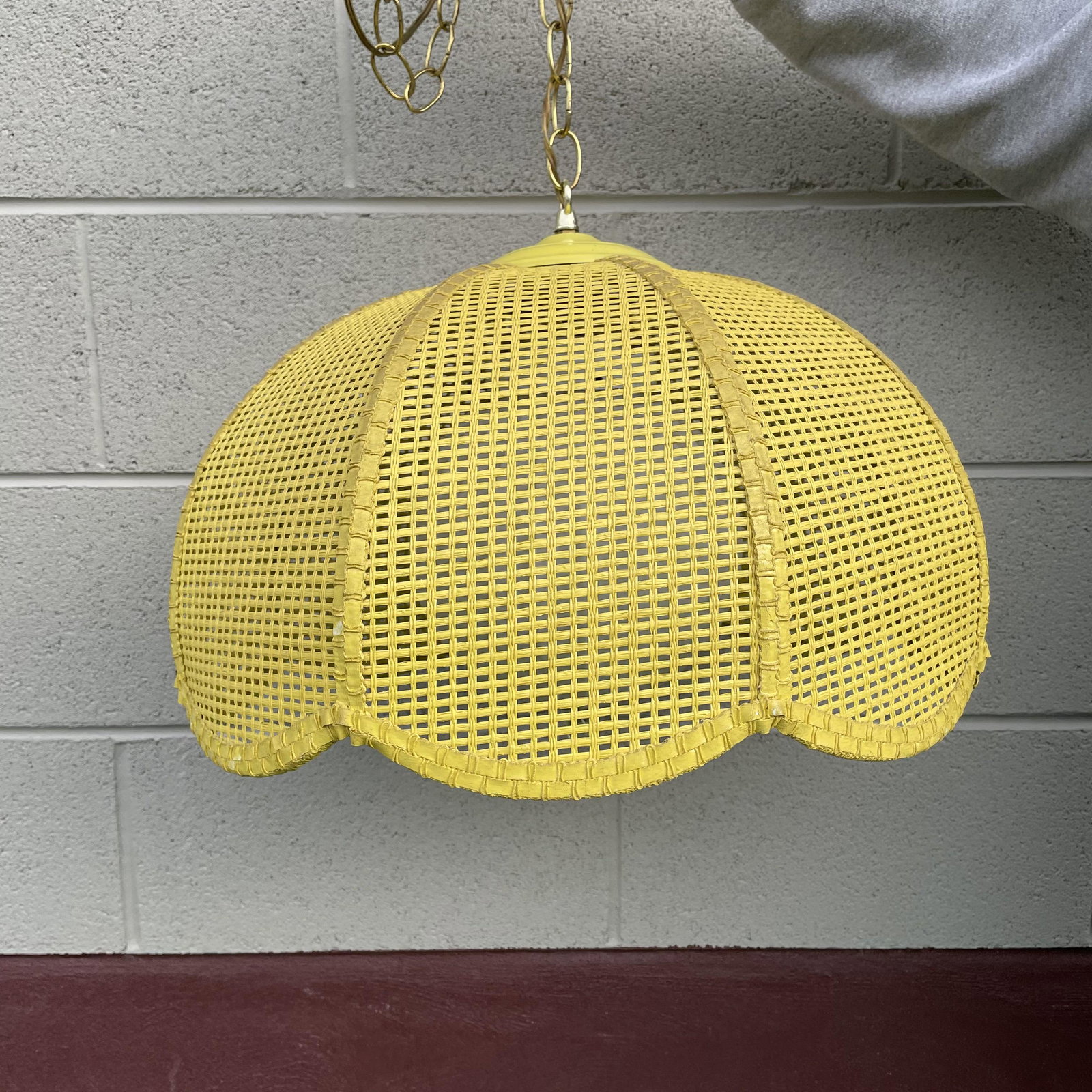 Yellow Wicker Mid Century Swag Lamp: 13in tall x 17in diameter x 13ft hanging chain length In-house shipping
